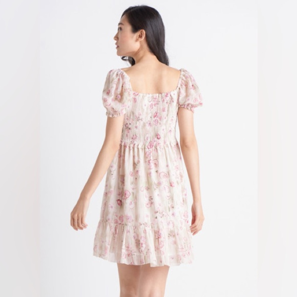 Dex Smocked Square-Neck Floral Midi Dress in Light Pink PTP 16-20”